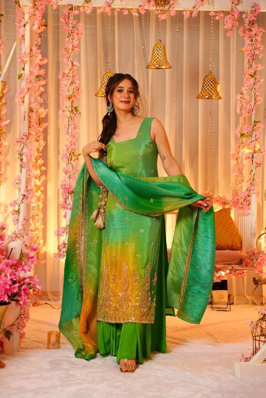 SLATE GREEN BANDHEJ SET - Vedhika Fashion