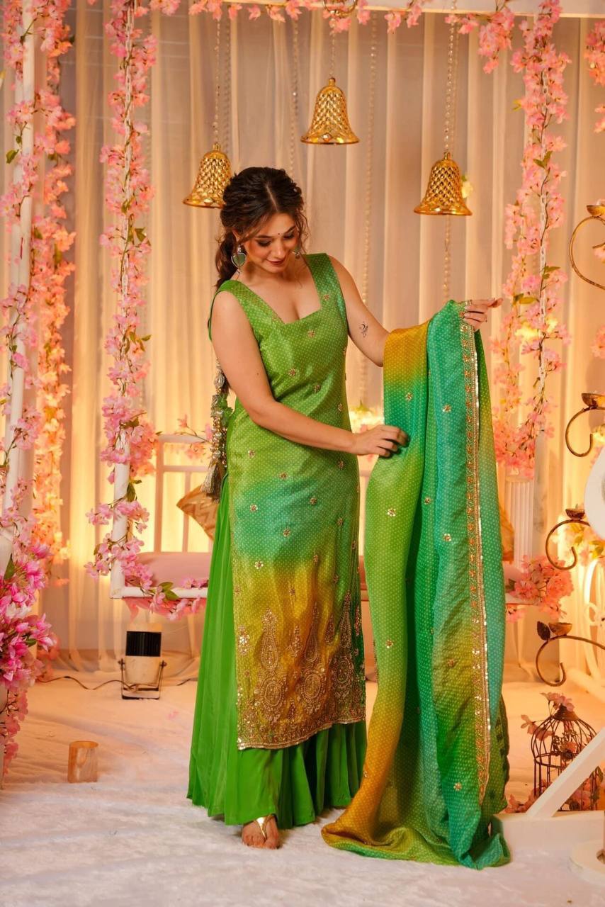SLATE GREEN BANDHEJ SET - Vedhika Fashion