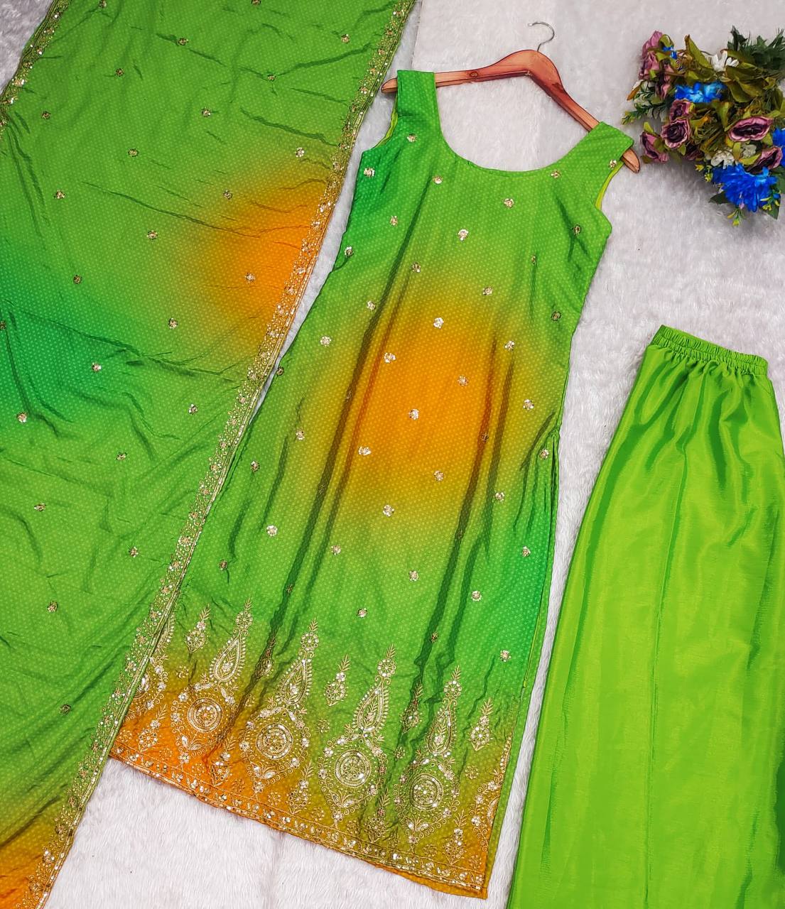 SLATE GREEN BANDHEJ SET - Vedhika Fashion
