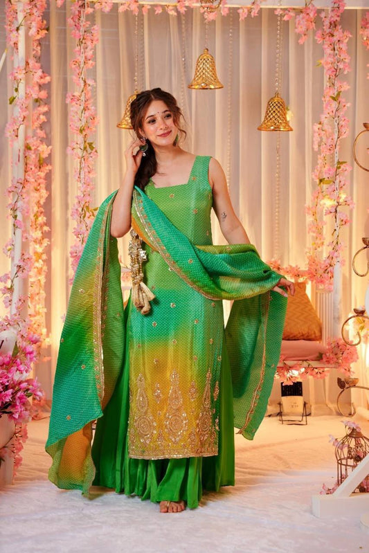 SLATE GREEN BANDHEJ SET - Vedhika Fashion