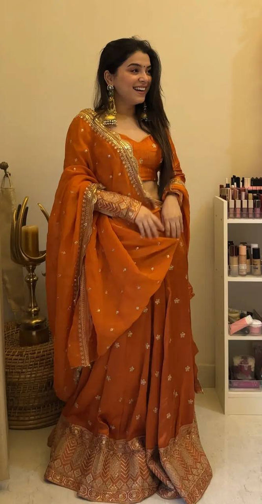 ORANGE SILK LEHENGA - Vedhika Fashion